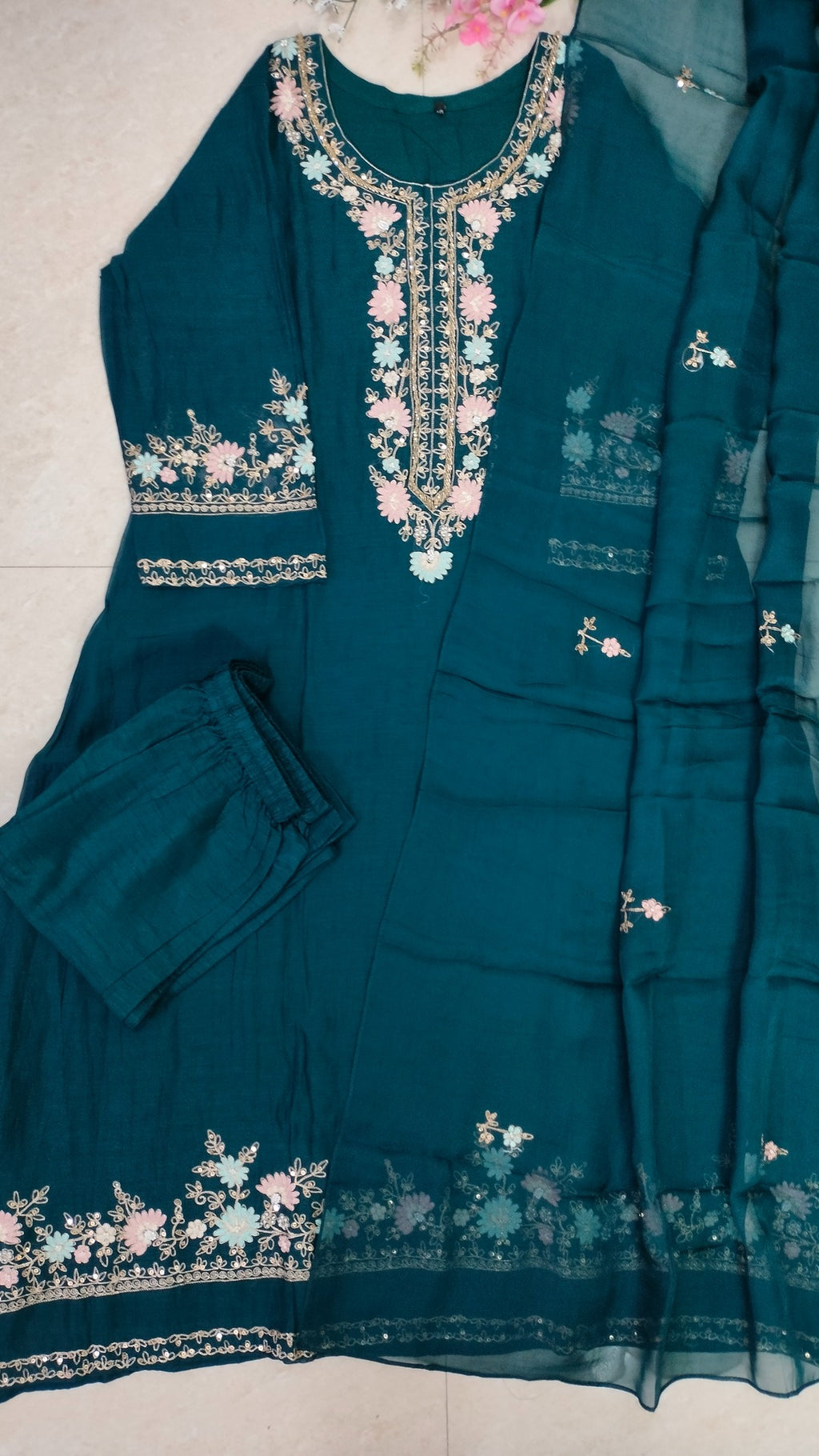 Mulchanderi teal color 3 piece A-line kurthi set