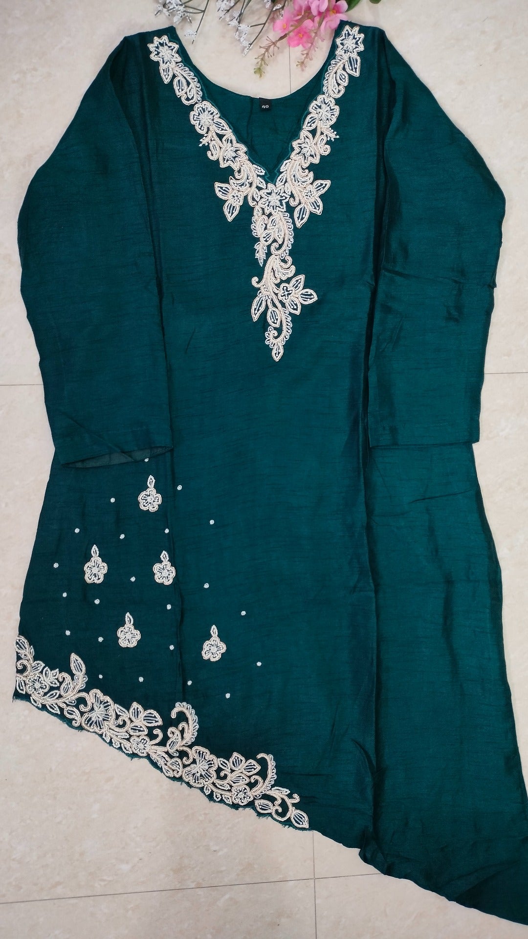 Teal green dola silk and chinon sharara set