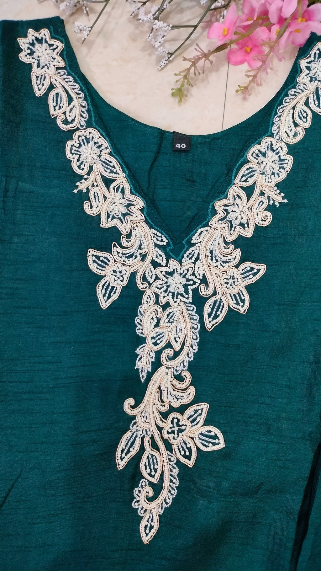 Teal green dola silk and chinon sharara set