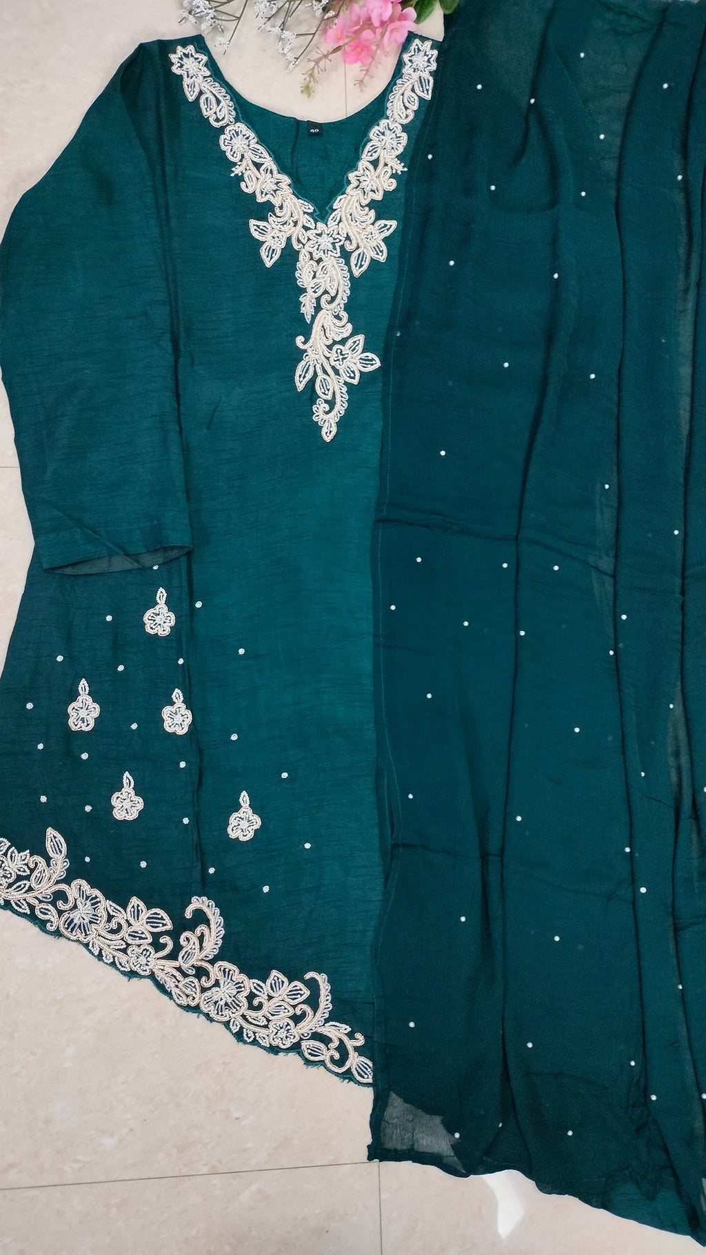 Teal green dola silk and chinon sharara set