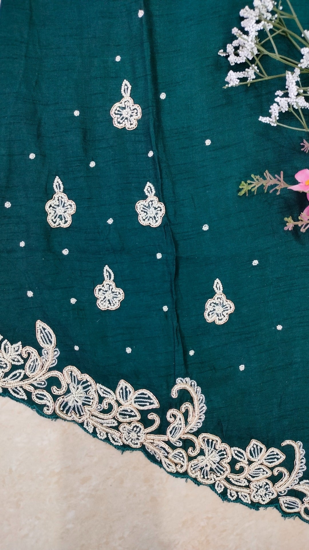 Teal green dola silk and chinon sharara set