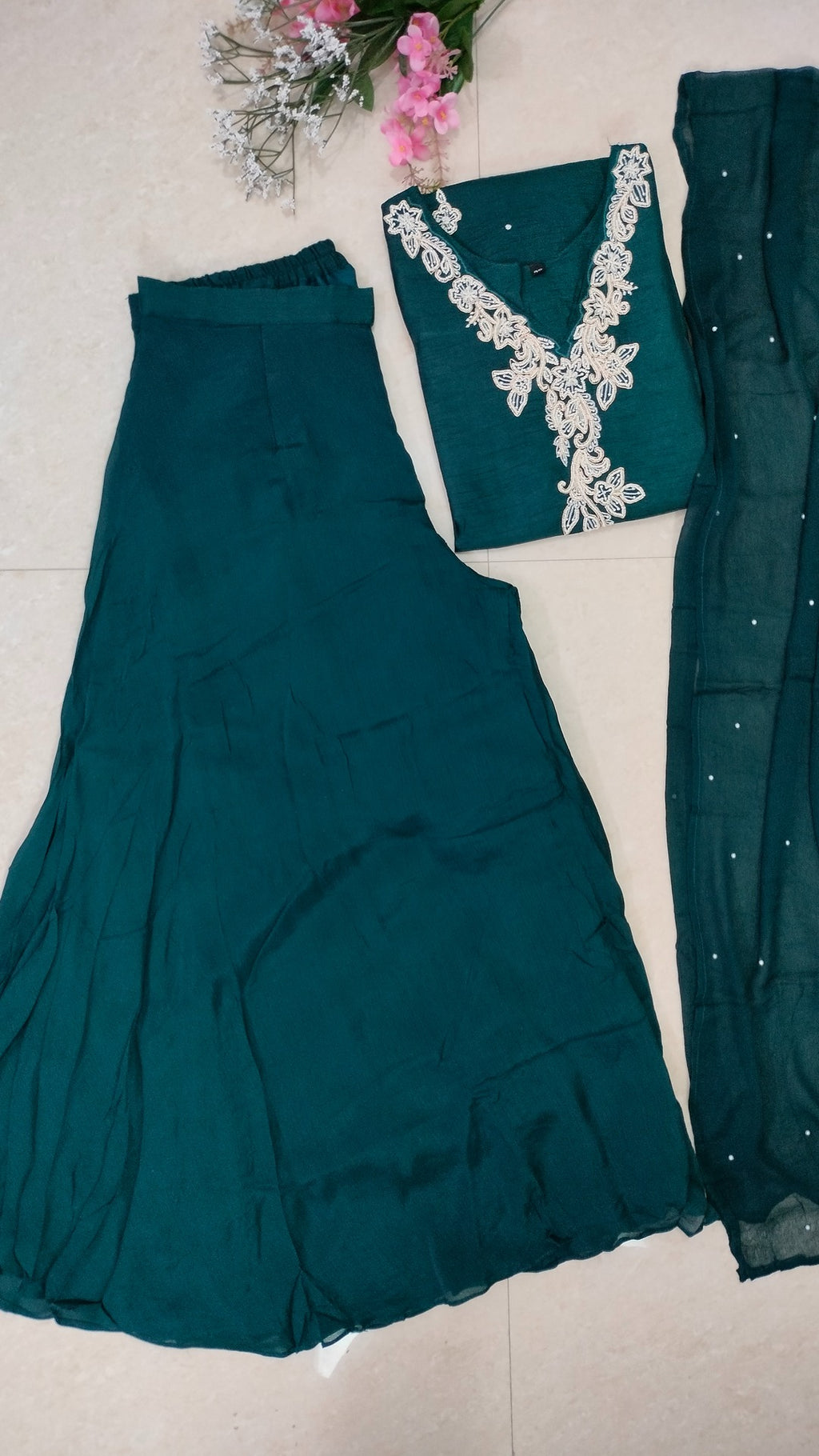 Teal green dola silk and chinon sharara set