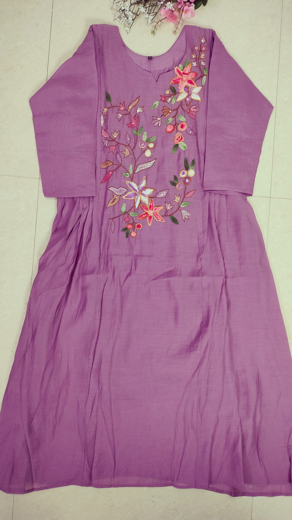 Light Purple viscose chanderi 3 piece A-line kurthi set