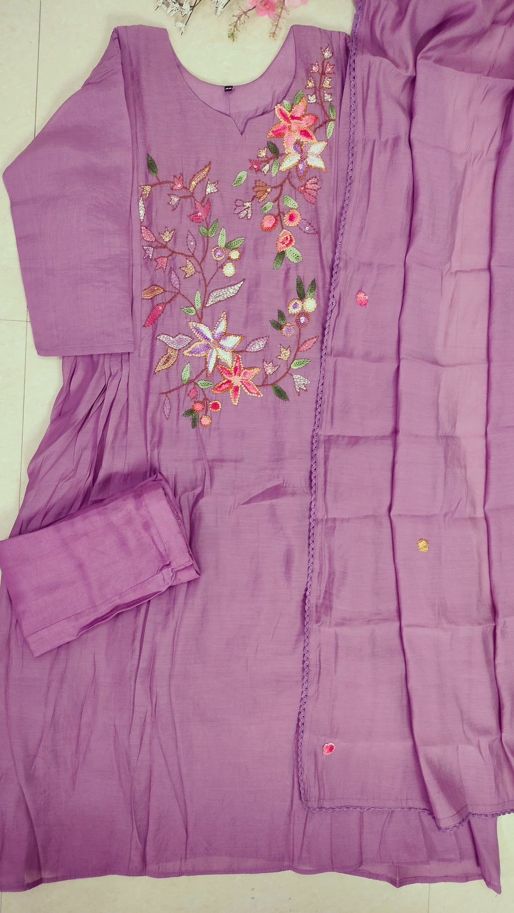 Light Purple viscose chanderi 3 piece A-line kurthi set