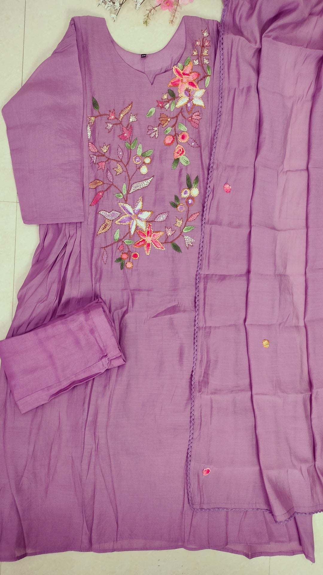 Light Purple viscose chanderi 3 piece A-line kurthi set