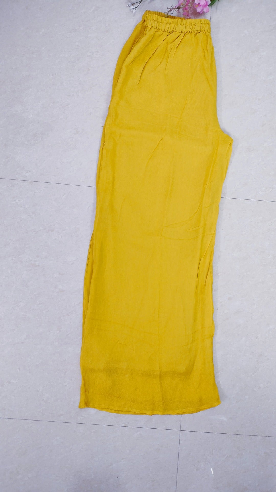 Yellow color chinon 3 piece straight-fit kurthi set