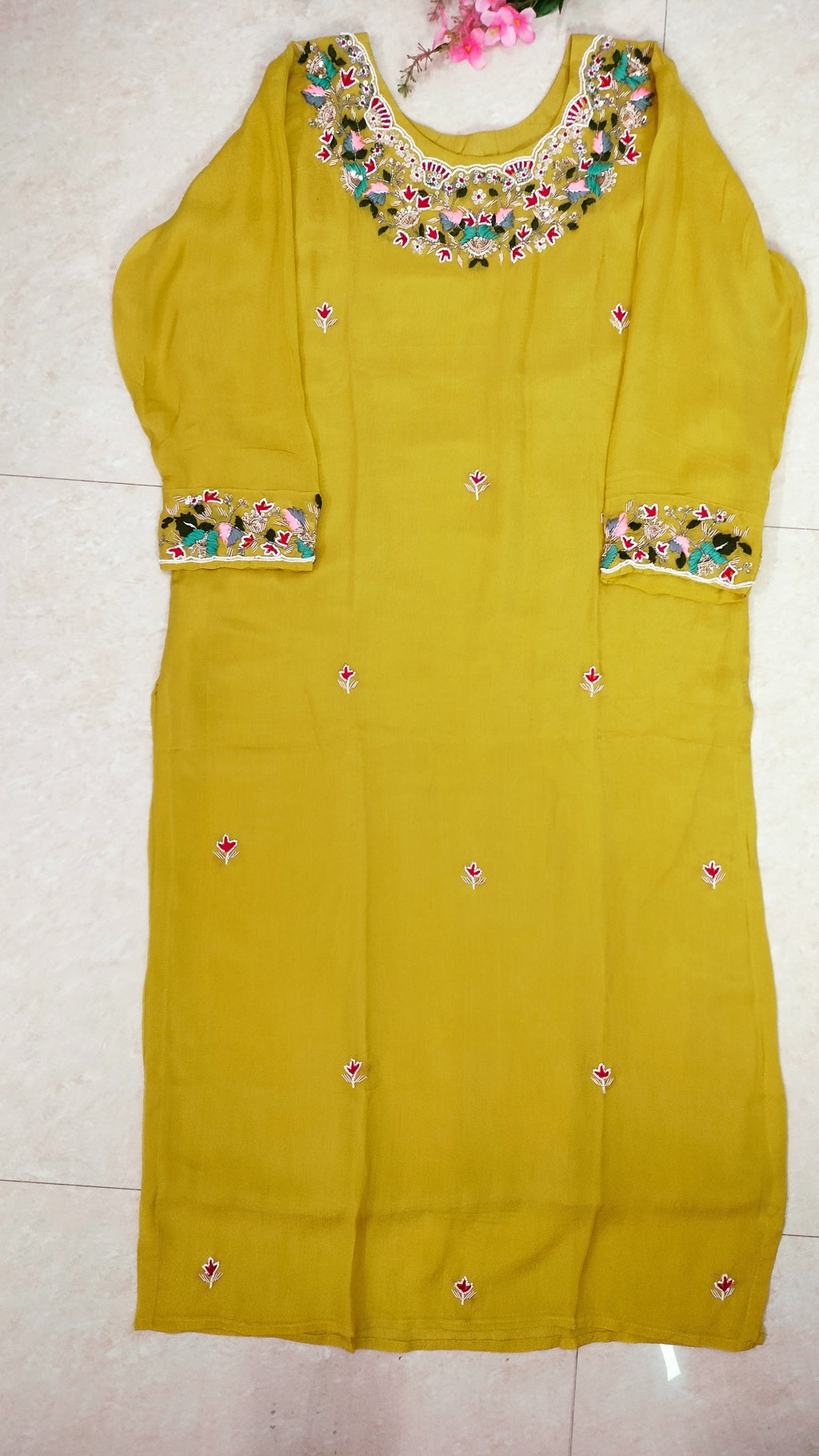 Yellow color chinon 3 piece straight-fit kurthi set
