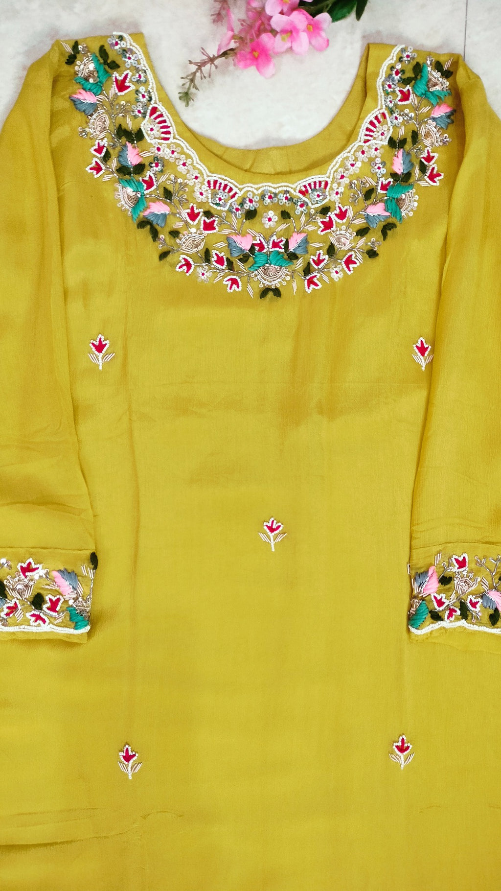 Yellow color chinon 3 piece straight-fit kurthi set