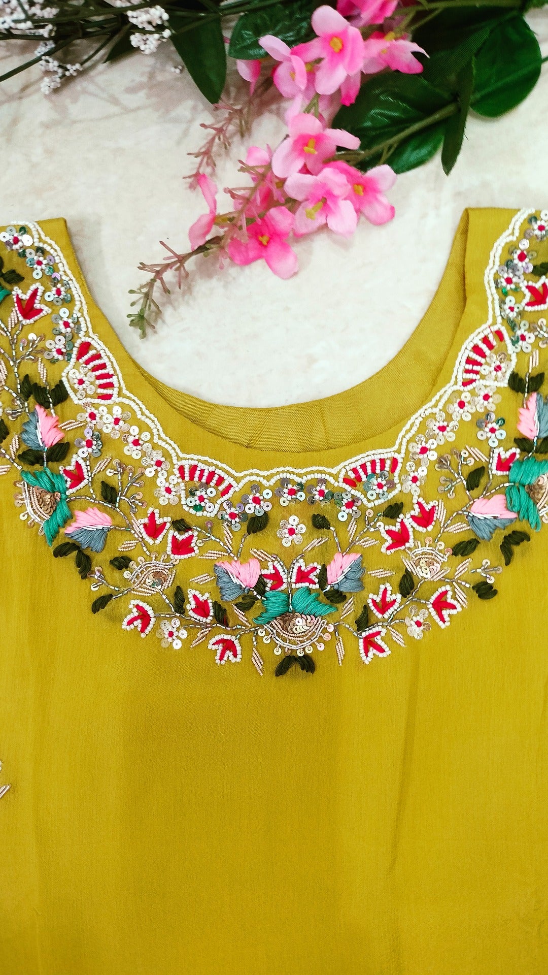 Yellow color chinon 3 piece straight-fit kurthi set