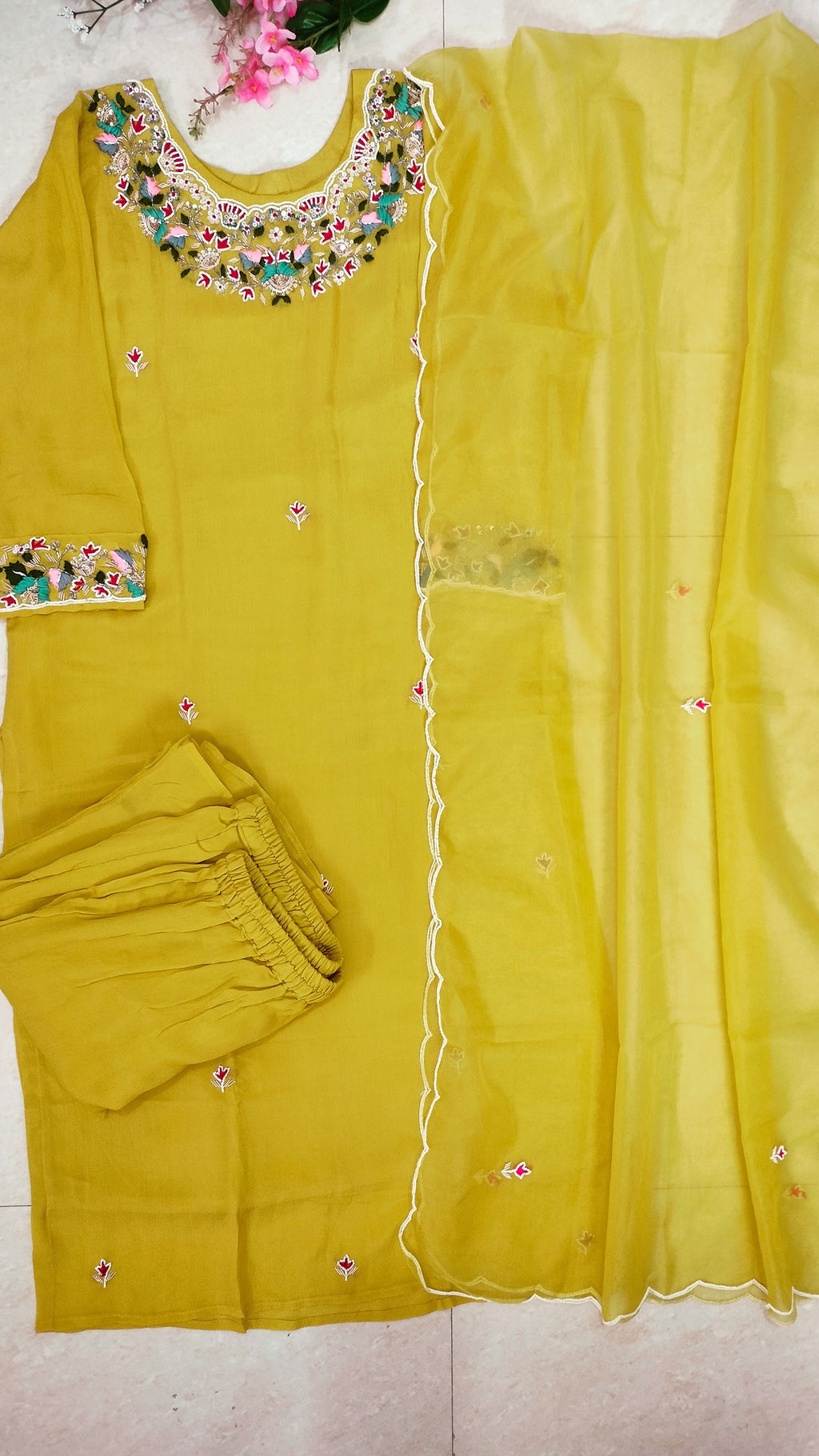 Yellow color chinon 3 piece straight-fit kurthi set
