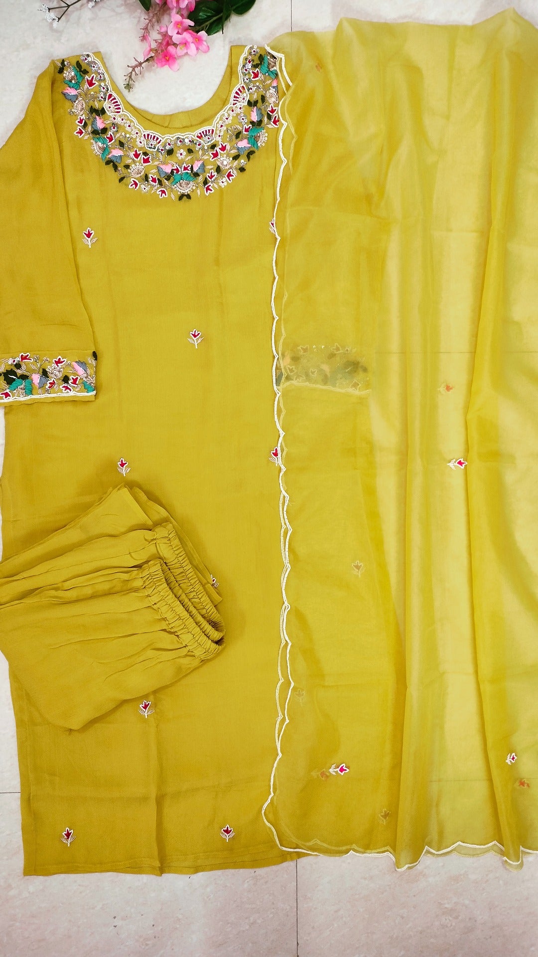 Yellow color chinon 3 piece straight-fit kurthi set