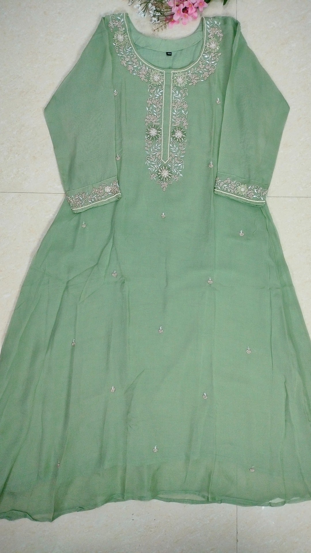 Sage green soft organza A-line 3- piece suit set.