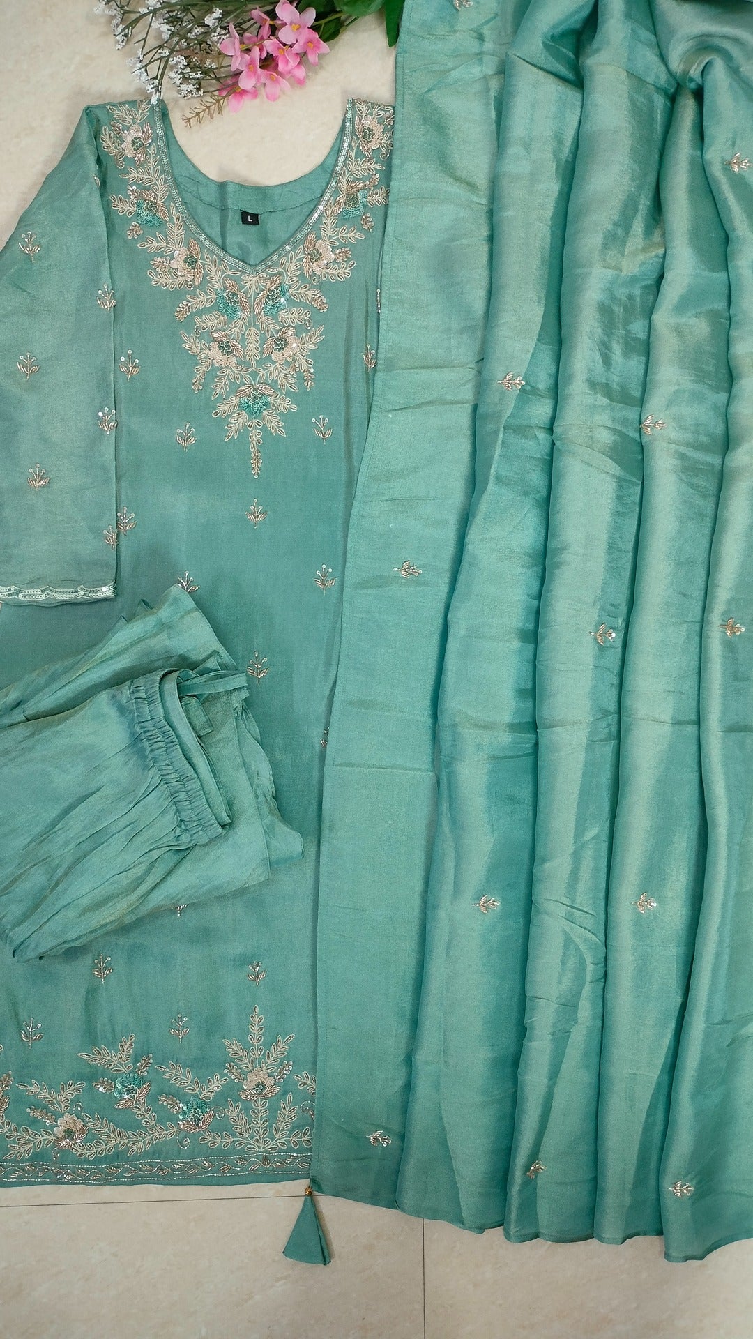 Light bluish green coloured Tissue Sharara set