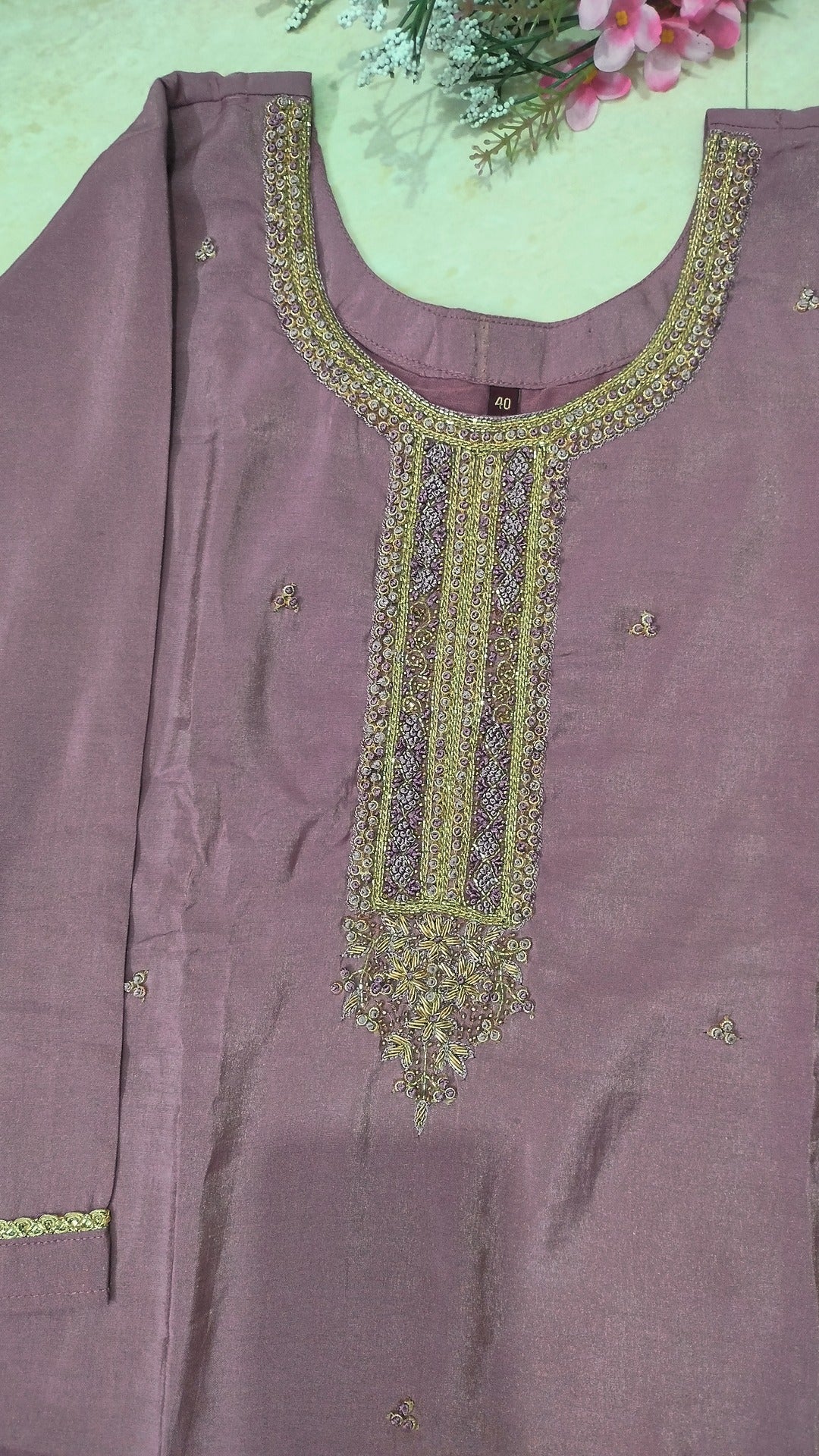 Mauve Silk blend Tissue Three piece straight fit kurta set