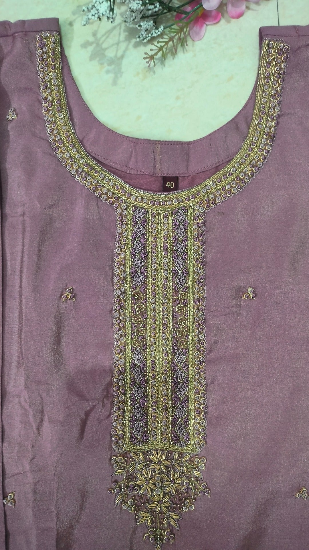 Mauve Silk blend Tissue Three piece straight fit kurta set