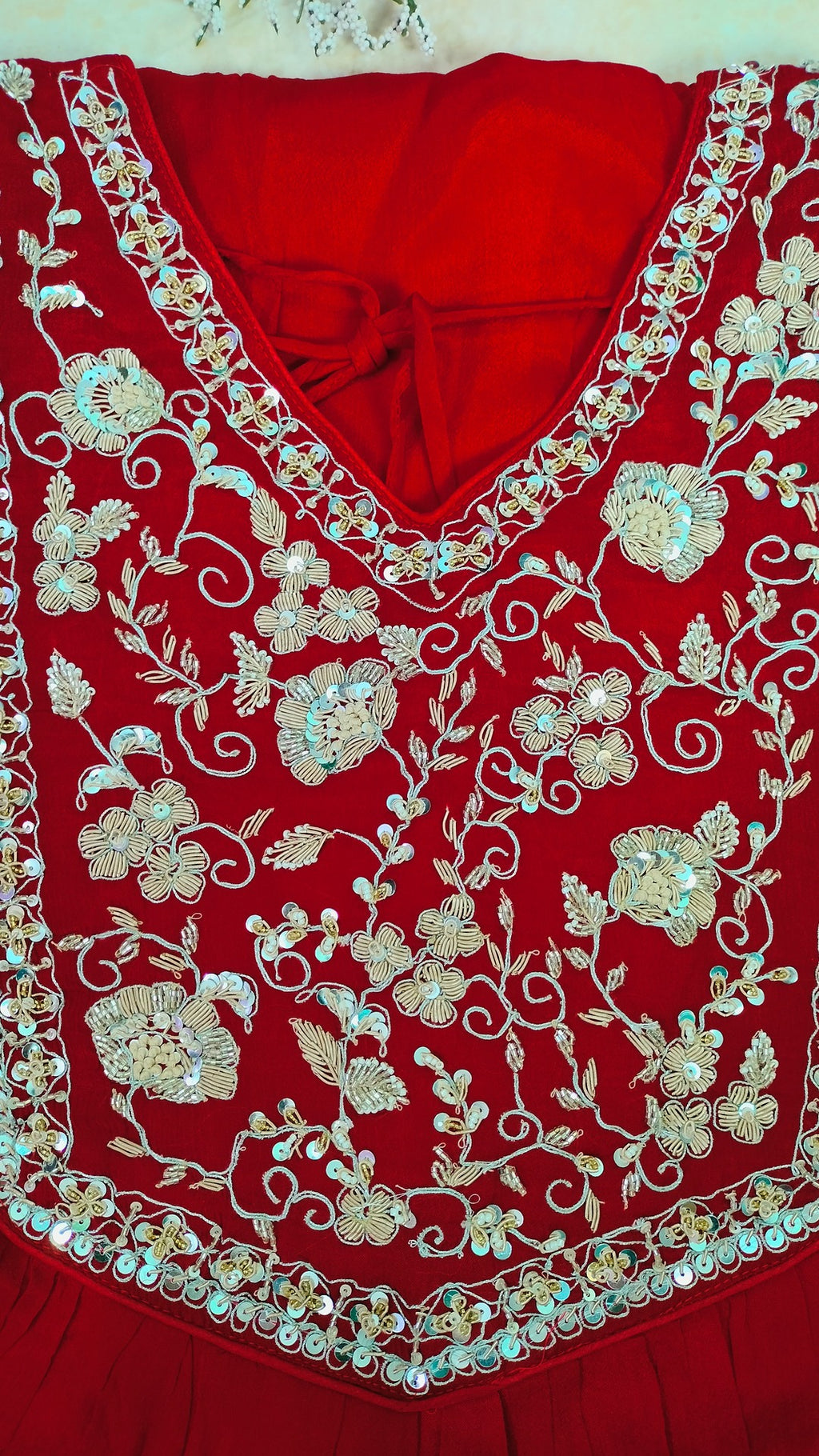 Maroonish Red Chinon and bandhej floor length 2 piece dress