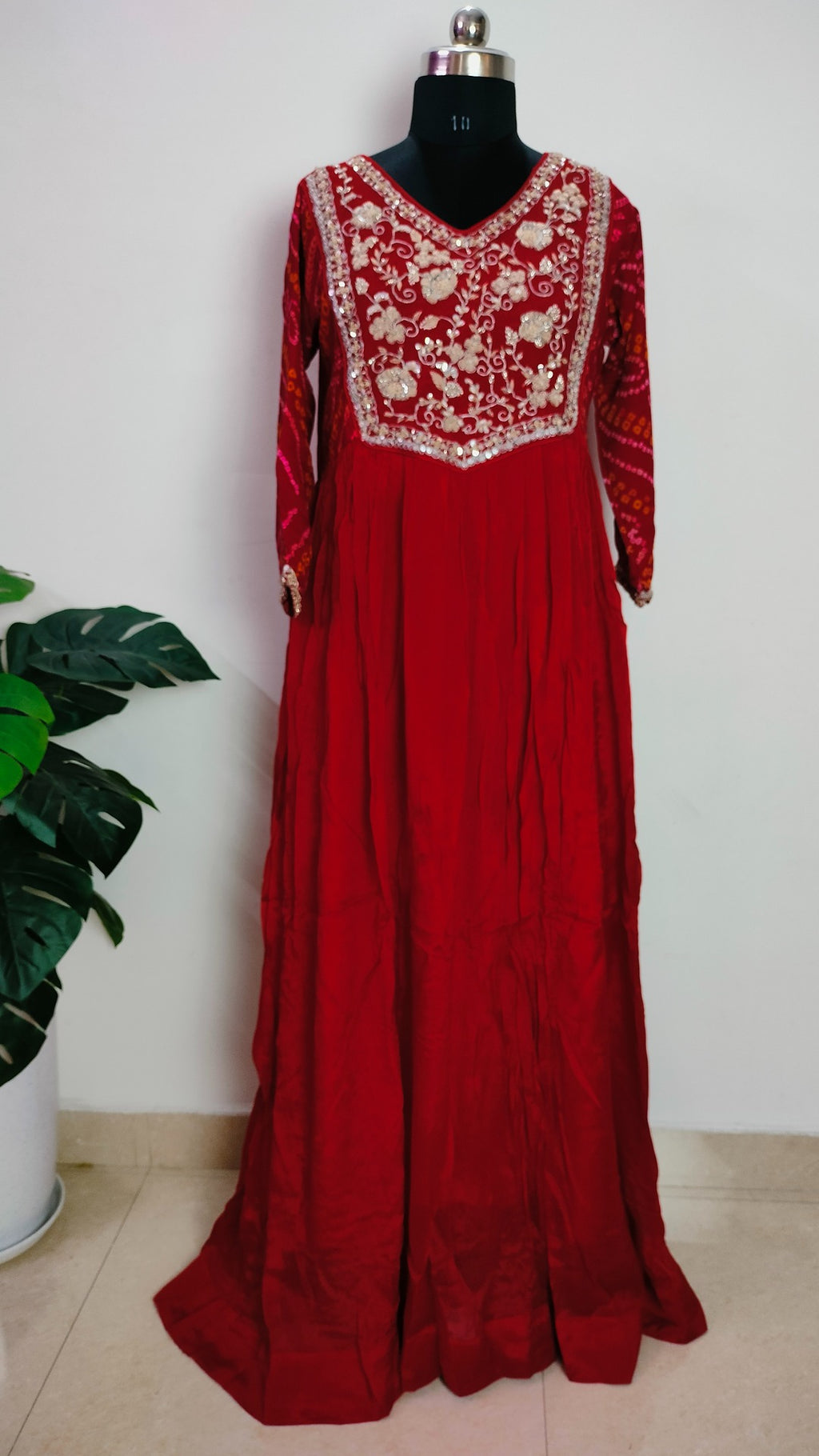 Maroonish Red Chinon and bandhej floor length 2 piece dress