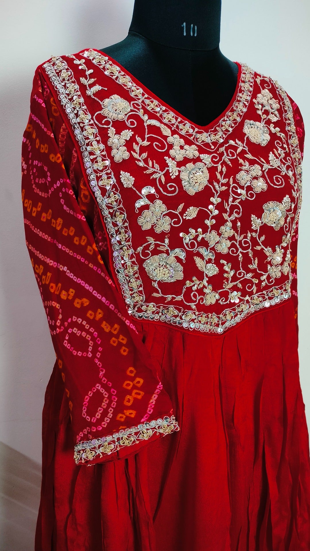 Maroonish Red Chinon and bandhej floor length 2 piece dress