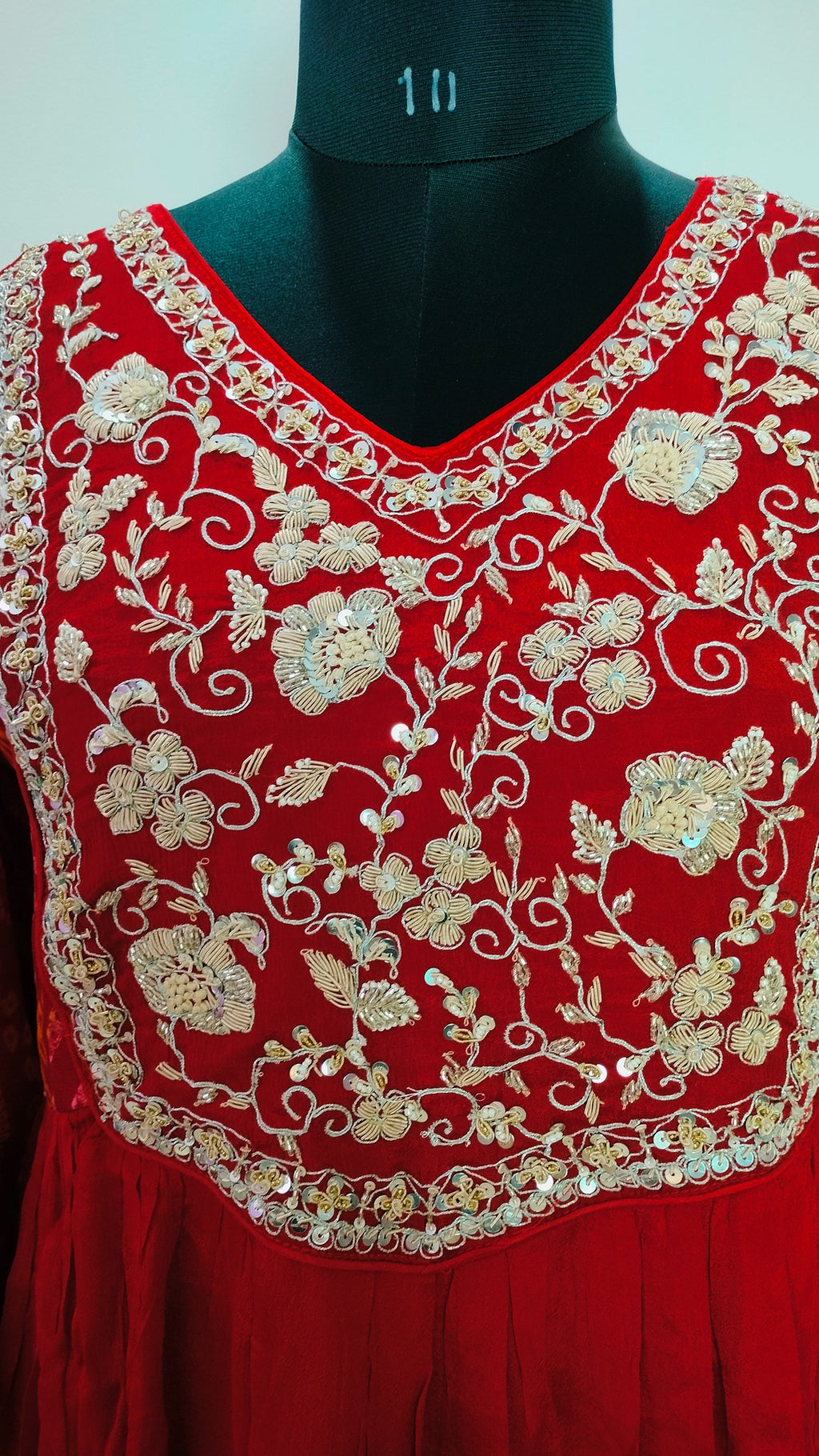 Maroonish Red Chinon and bandhej floor length 2 piece dress