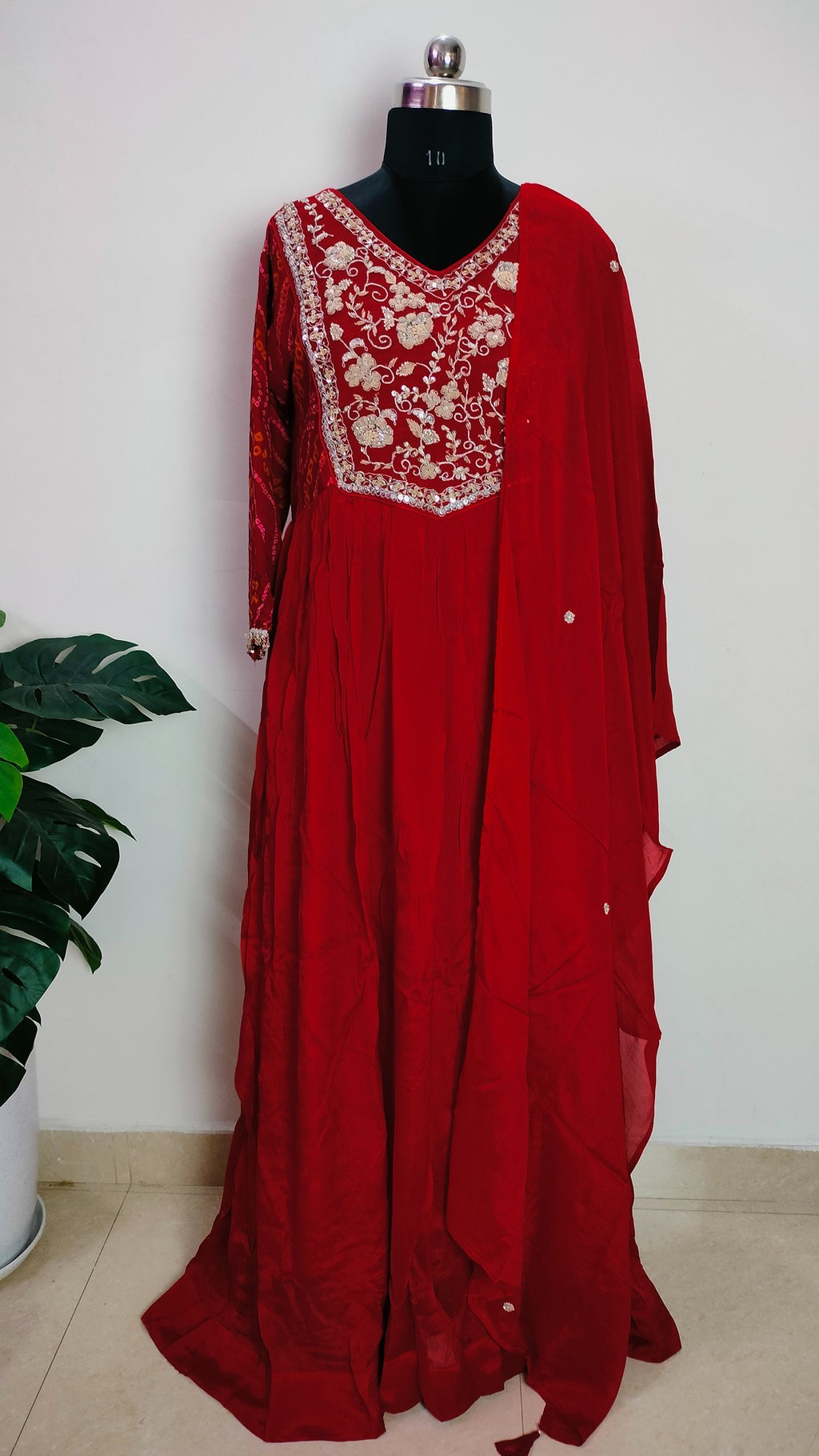 Maroonish Red Chinon and bandhej floor length 2 piece dress