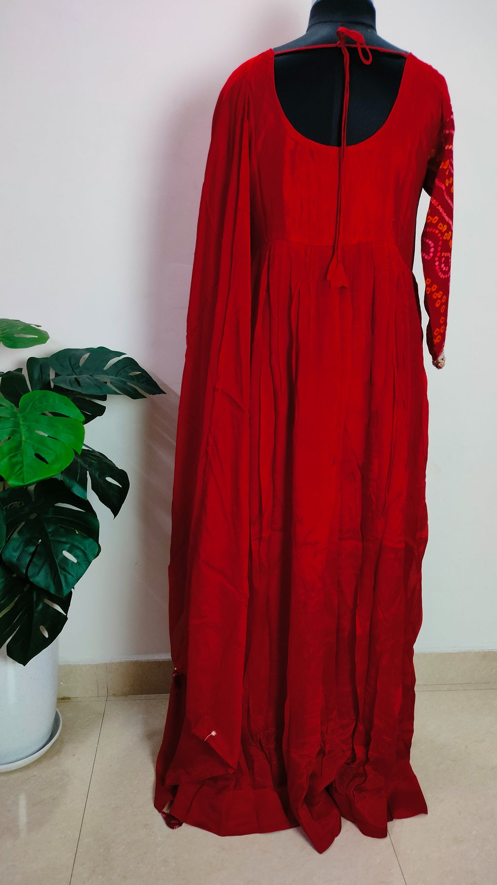 Maroonish Red Chinon and bandhej floor length 2 piece dress