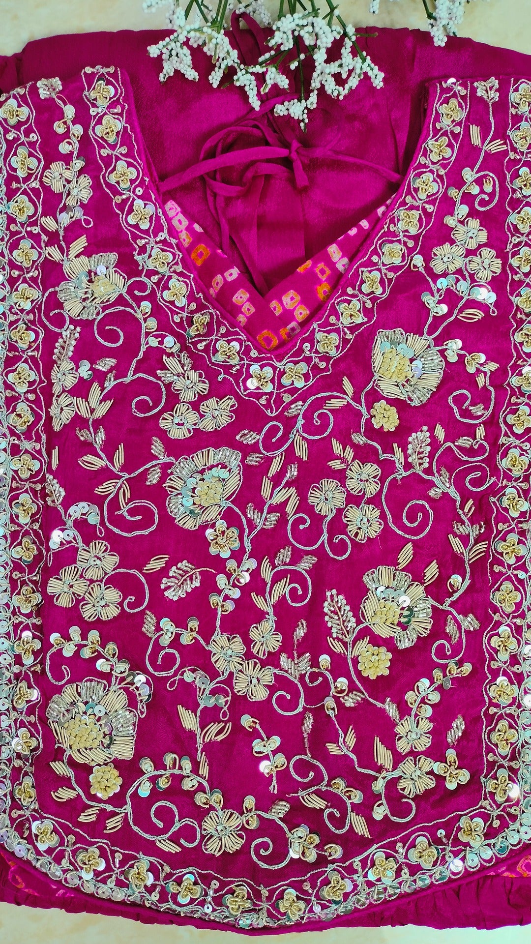 Dark pink pure Chinon bandhej floor length 2 piece dress