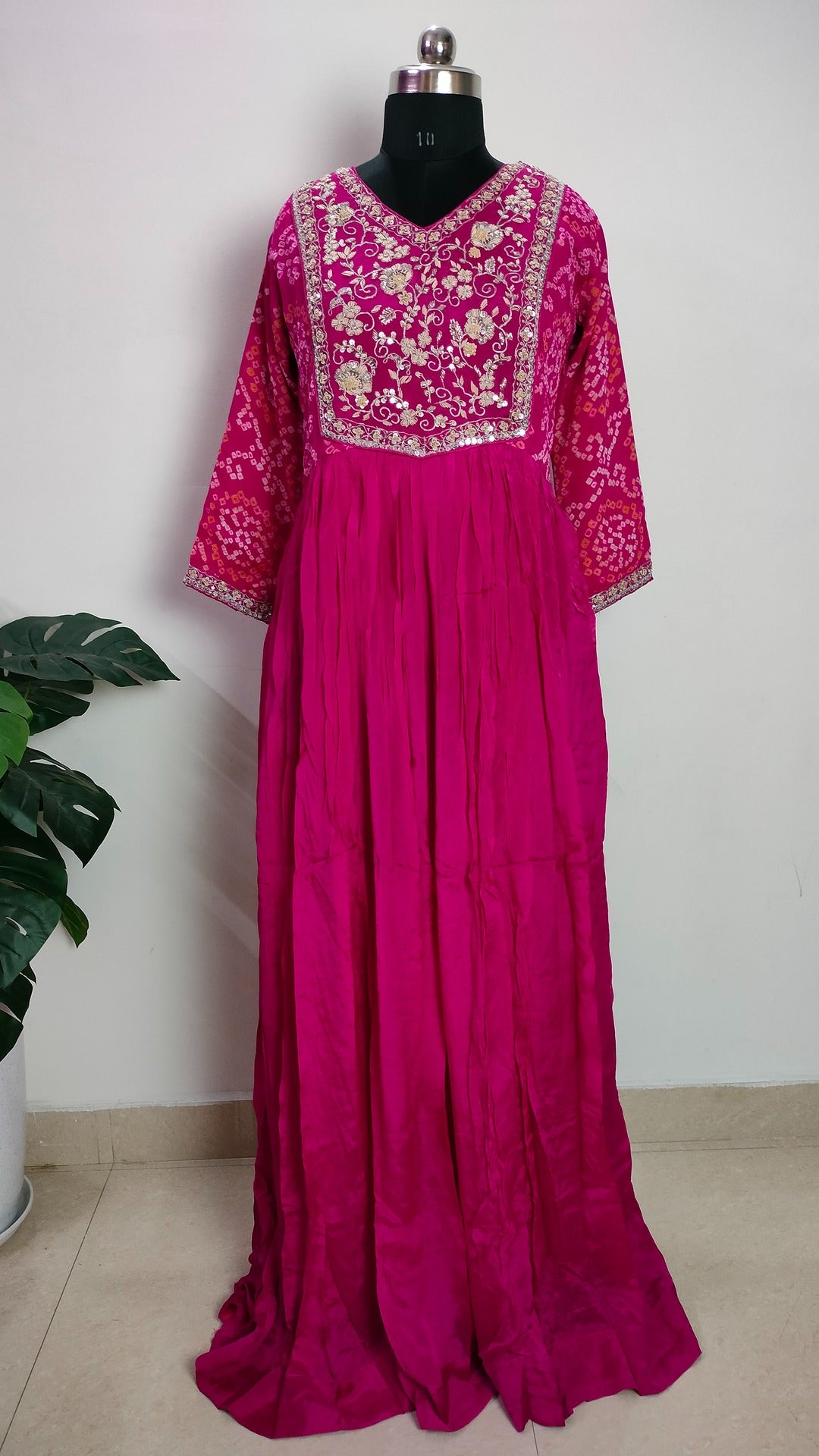 Dark pink pure Chinon bandhej floor length 2 piece dress
