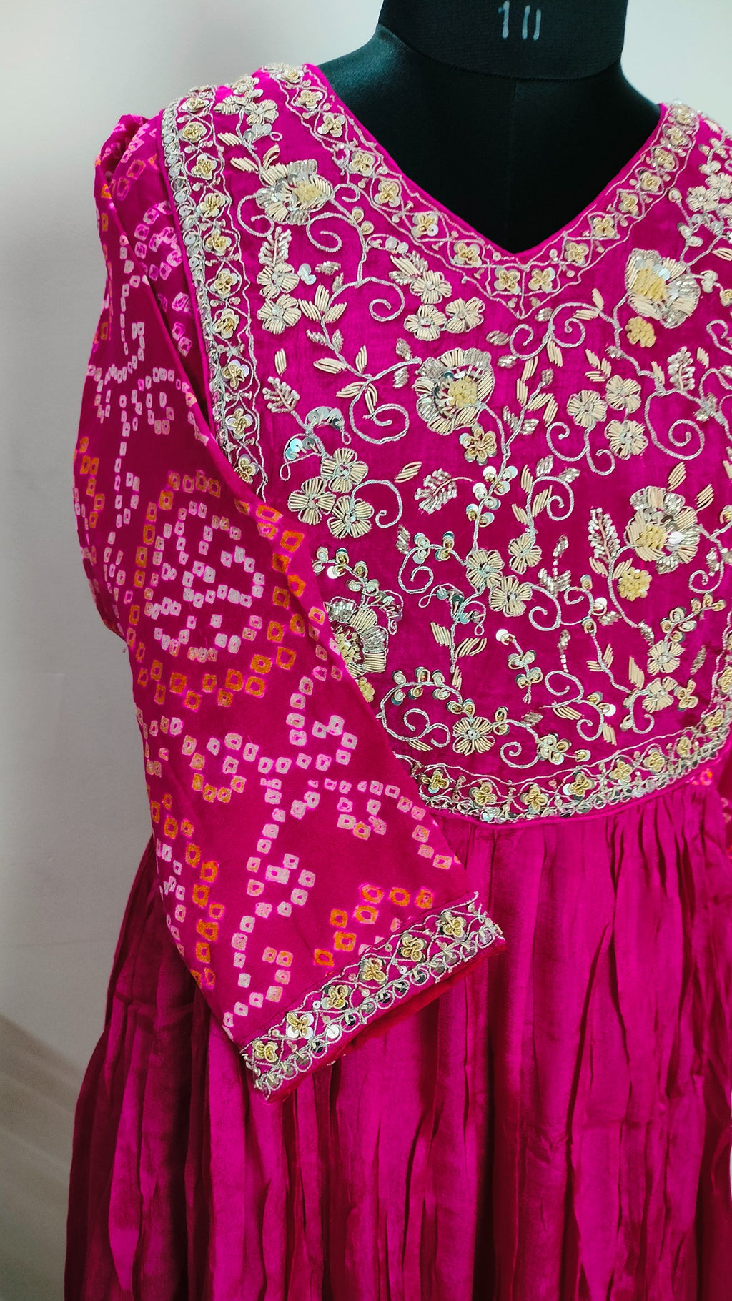 Dark pink pure Chinon bandhej floor length 2 piece dress