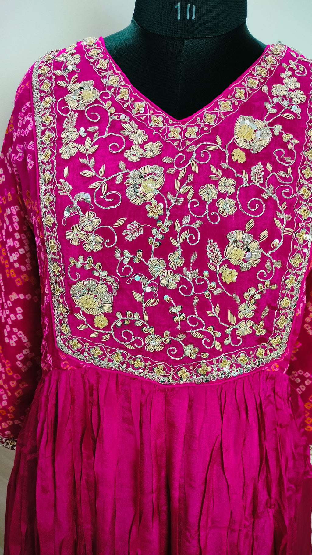 Dark pink pure Chinon bandhej floor length 2 piece dress