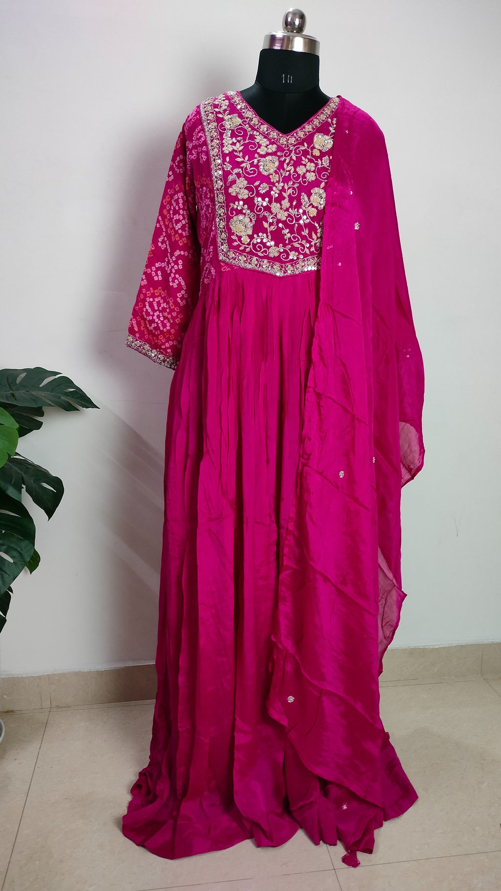 Dark pink pure Chinon bandhej floor length 2 piece dress
