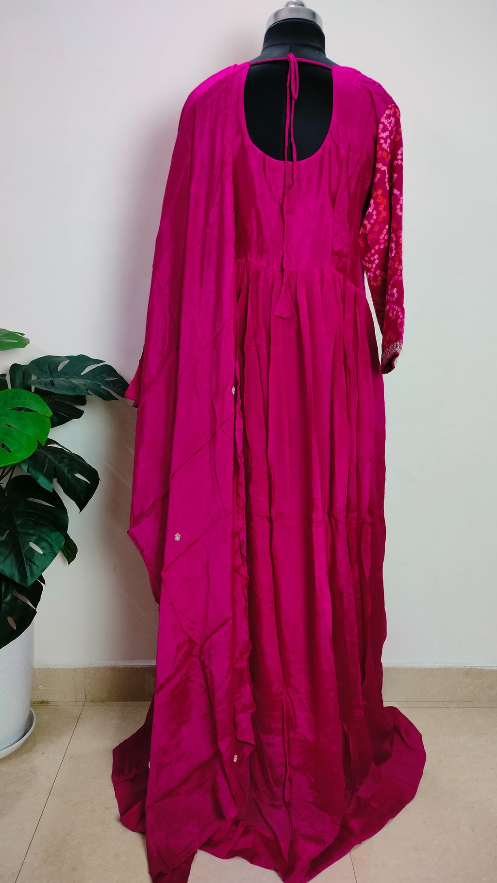 Dark pink pure Chinon bandhej floor length 2 piece dress