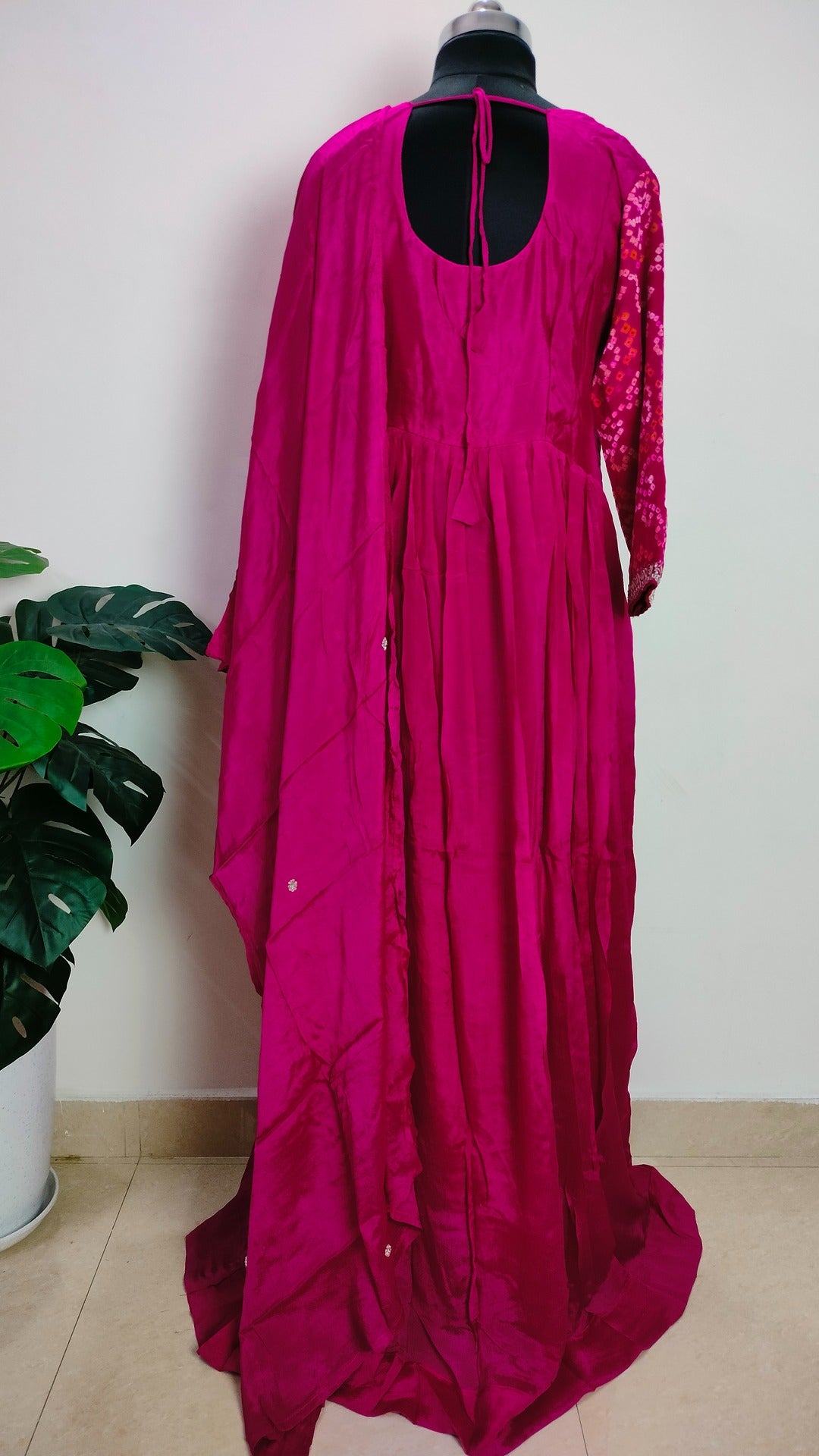 Dark pink pure Chinon bandhej floor length 2 piece dress
