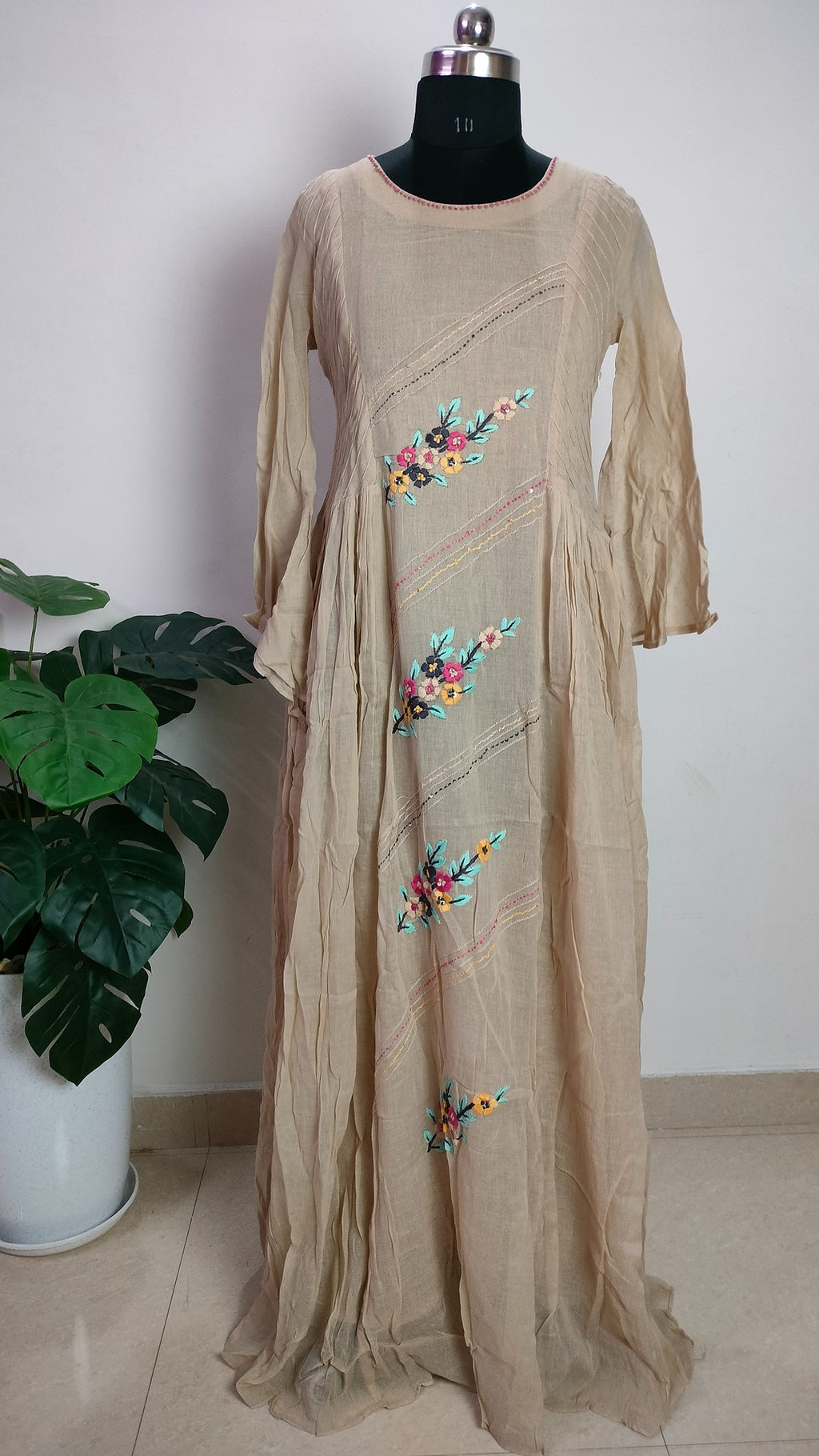 Beige colour Linen long frock with scarf