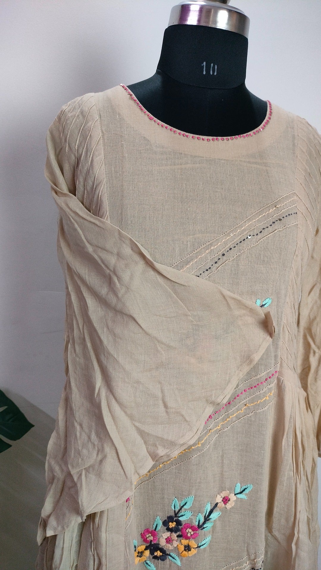 Beige colour Linen long frock with scarf