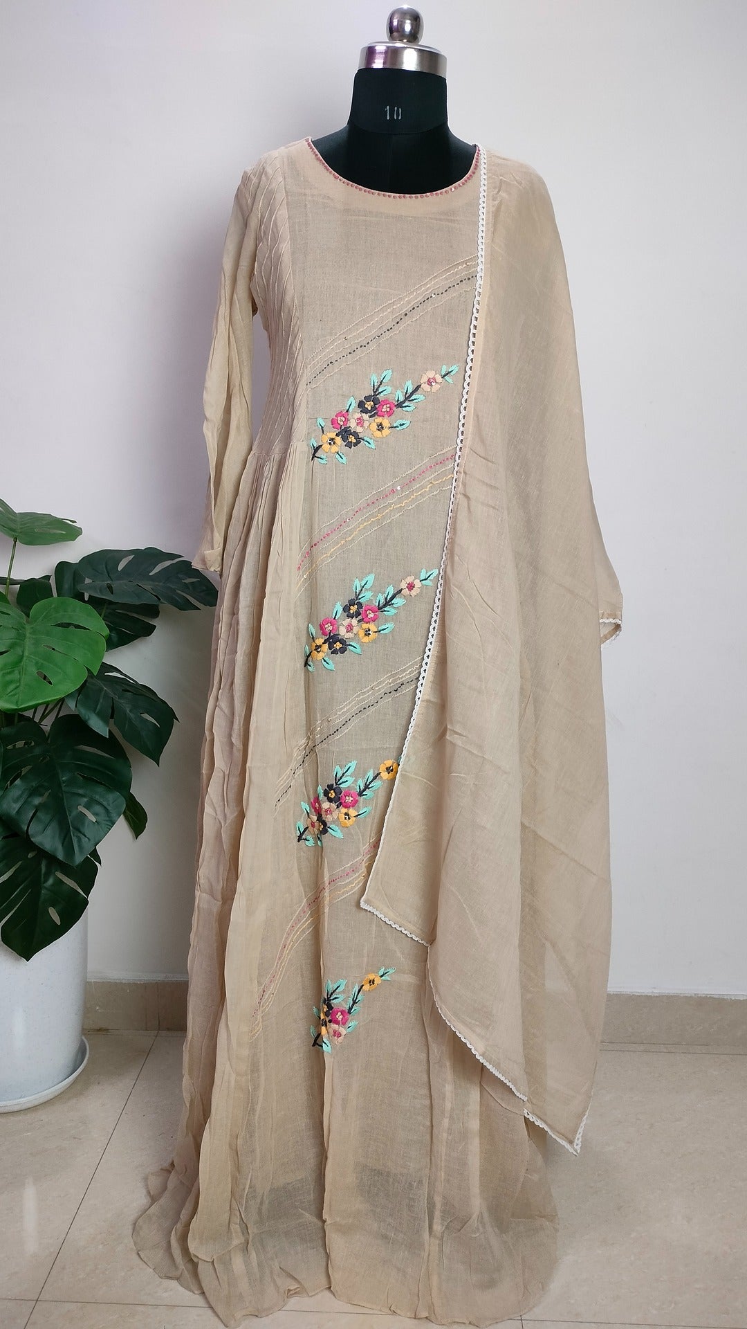 Beige colour Linen long frock with scarf