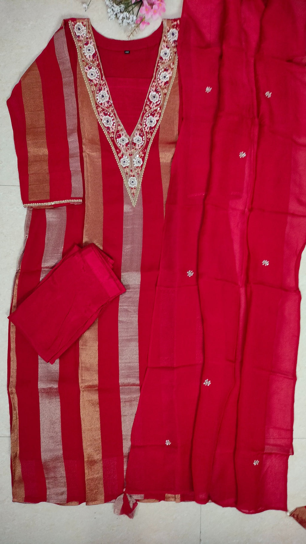 Pure Viscose jari tissue long straight cut 3- piece suit set