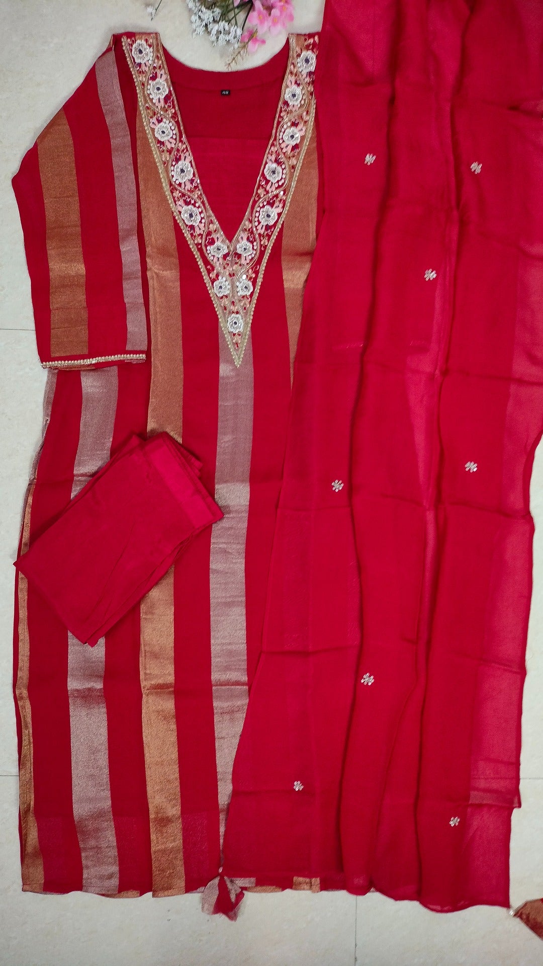 Pure Viscose jari tissue long straight cut 3- piece suit set