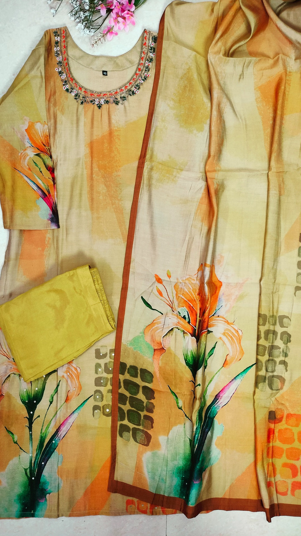 Muslin printed straight cut suit set