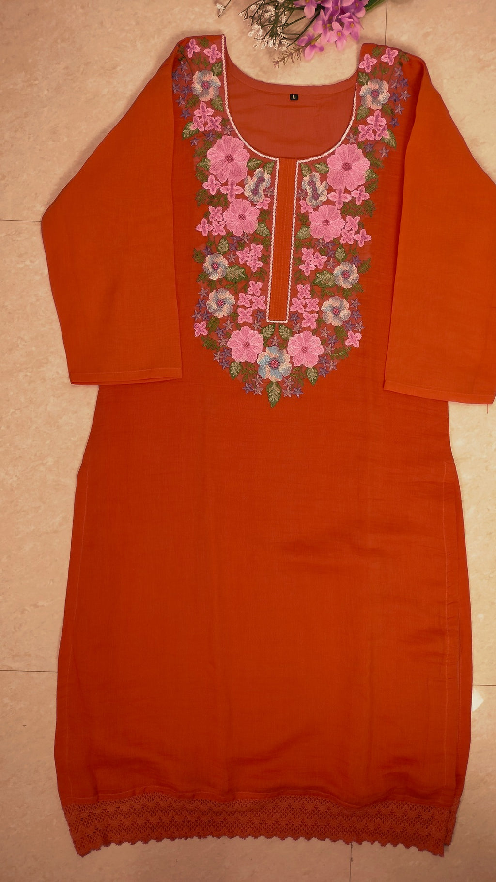 Rustorange colour Mul chanderi straight cut 3- piece suit set