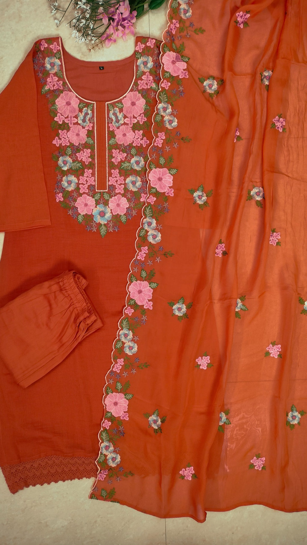 Rustorange colour Mul chanderi straight cut 3- piece suit set