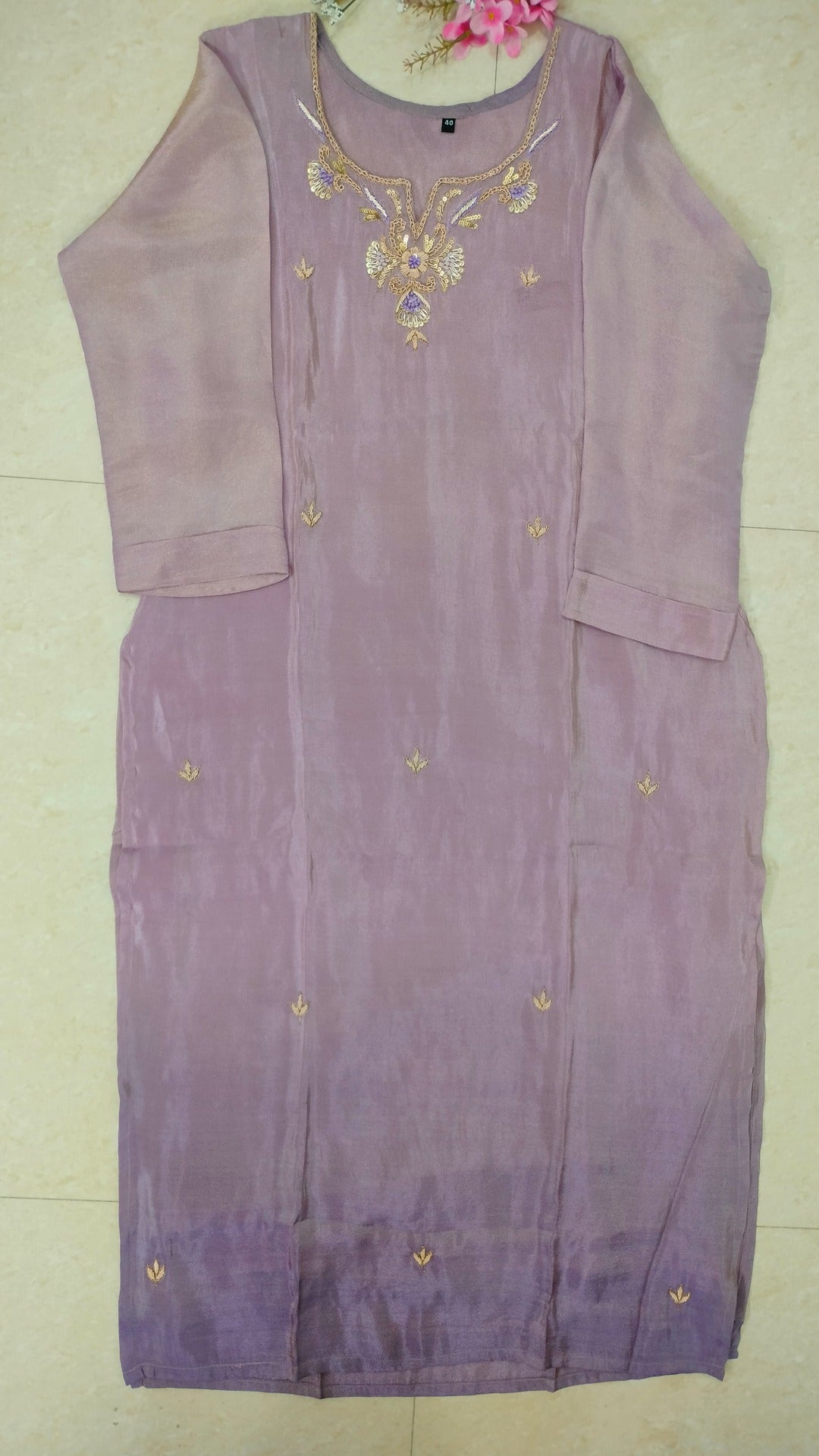 lilac ombre tissue 3 piece straight cut tunic set