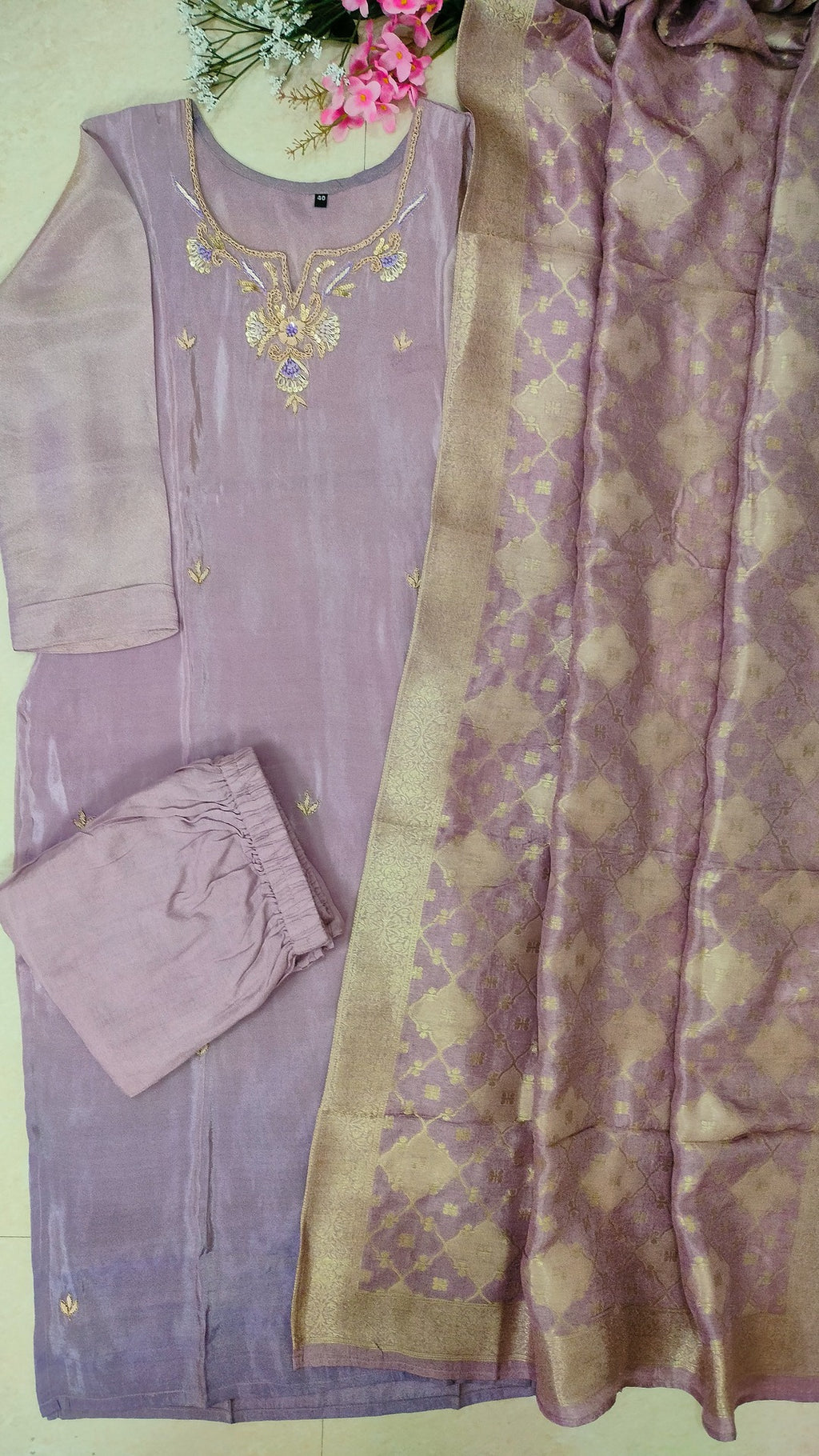 lilac ombre tissue 3 piece straight cut tunic set