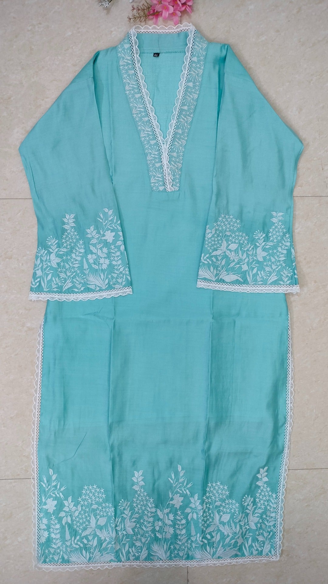 Sky blue coloured silk blend straight cut suit set