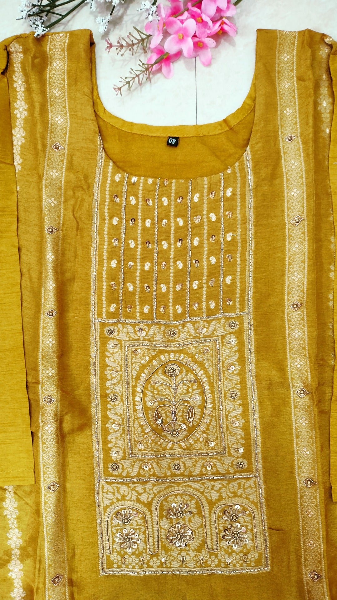 Yellow dola silk straight fit 3- piece kurta set