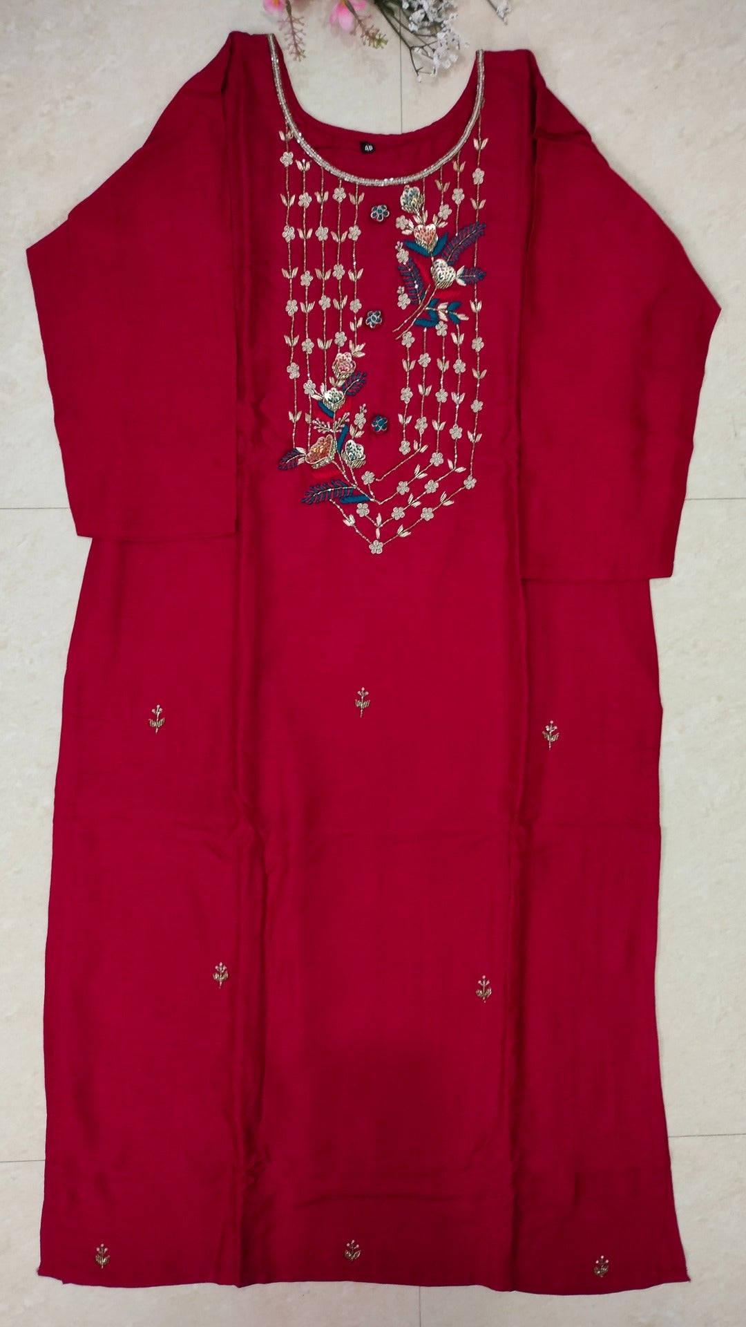 Maroon Dola Silk Straight cut 3-piece kurti set