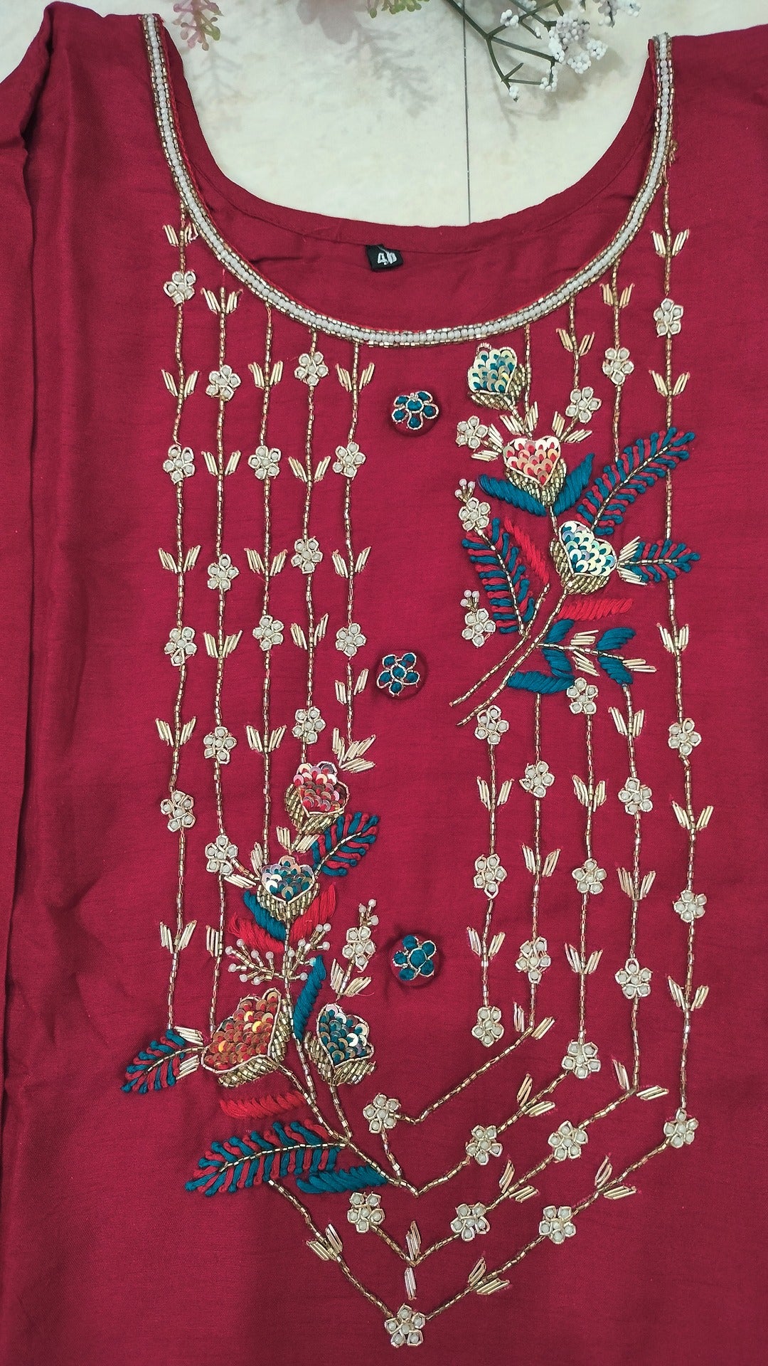 Maroon Dola Silk Straight cut 3-piece kurti set