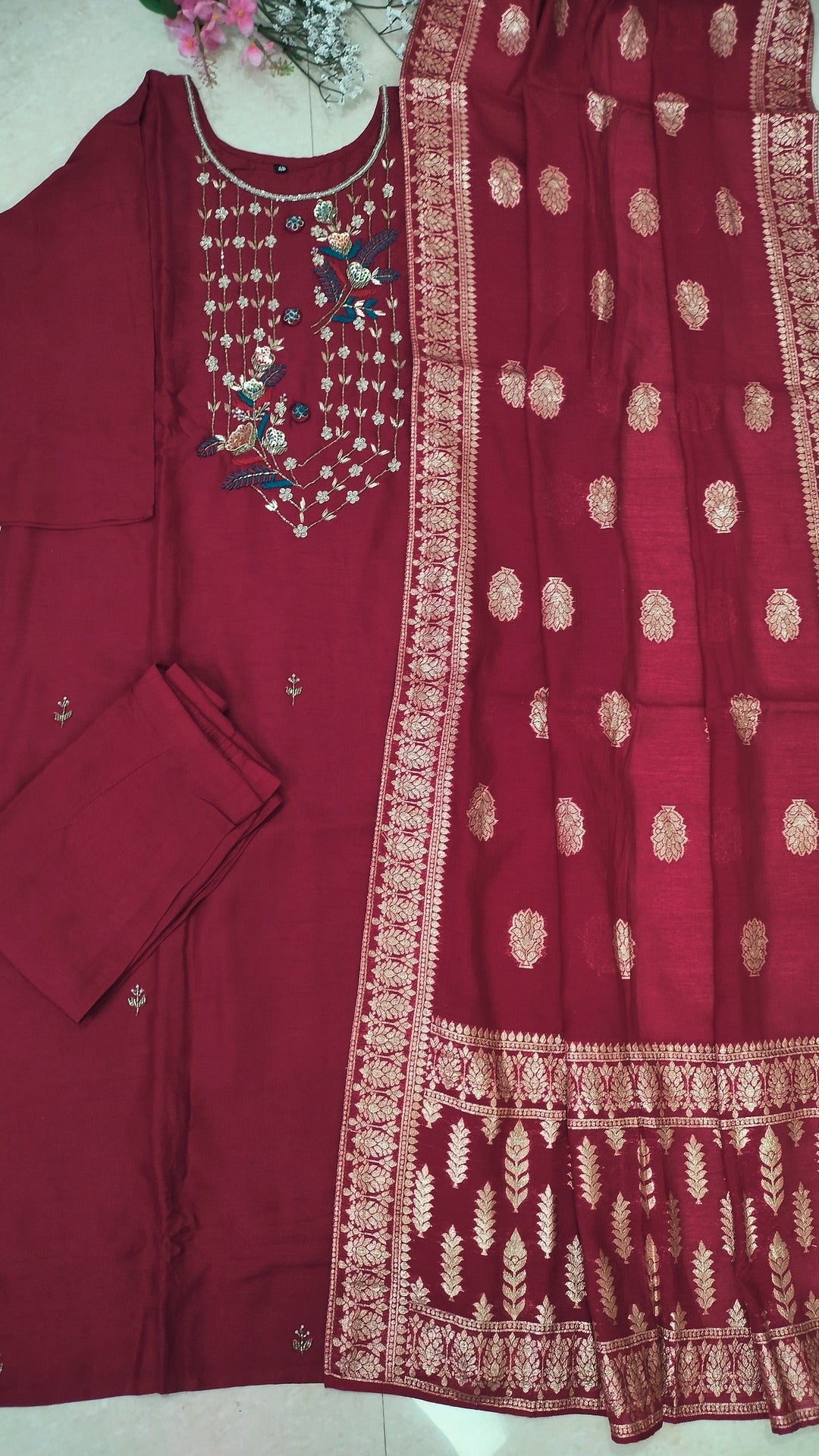 Maroon Dola Silk Straight cut 3-piece kurti set