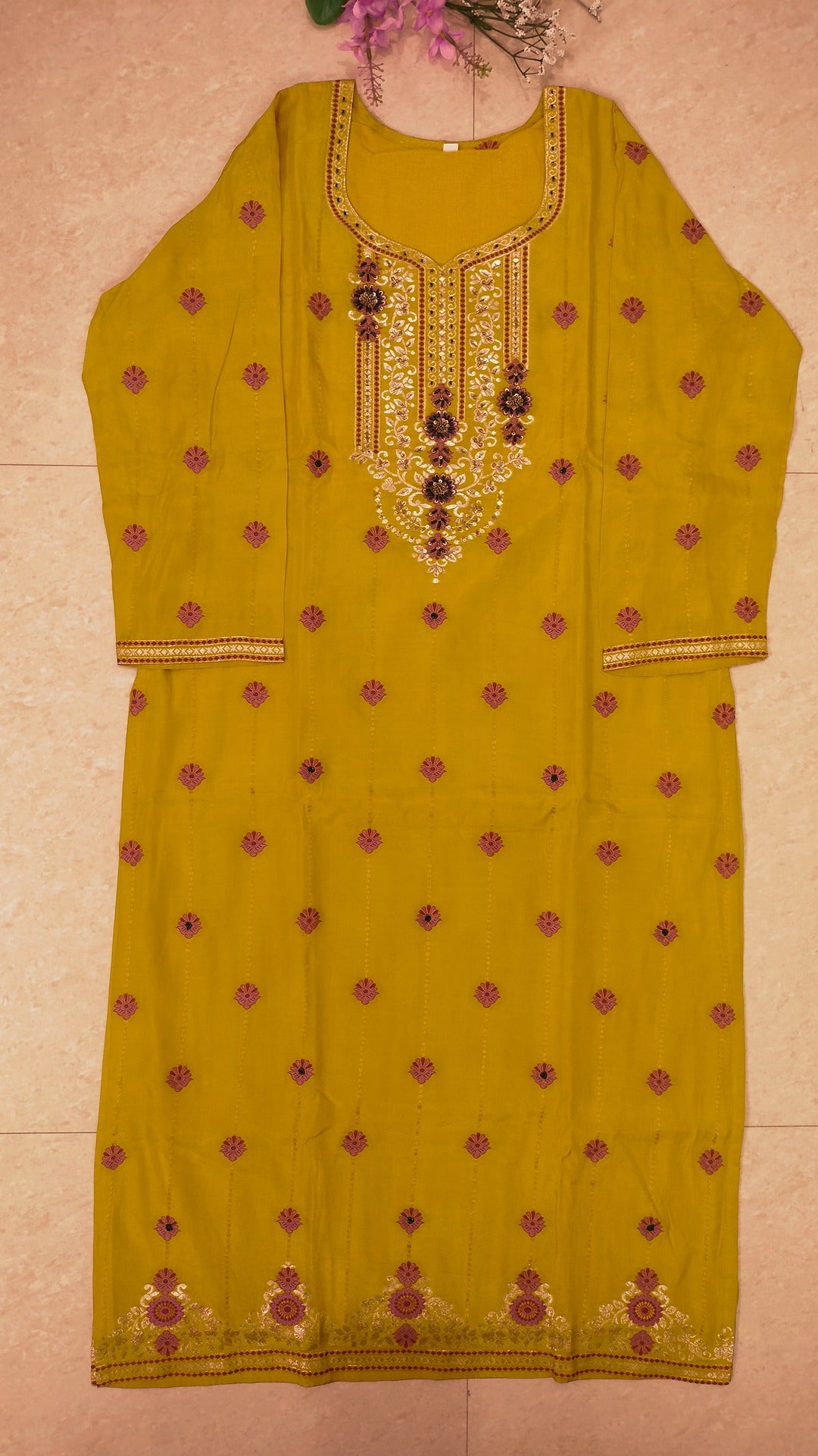 Mustard yellow jaquard crepe straight fit kurti set.