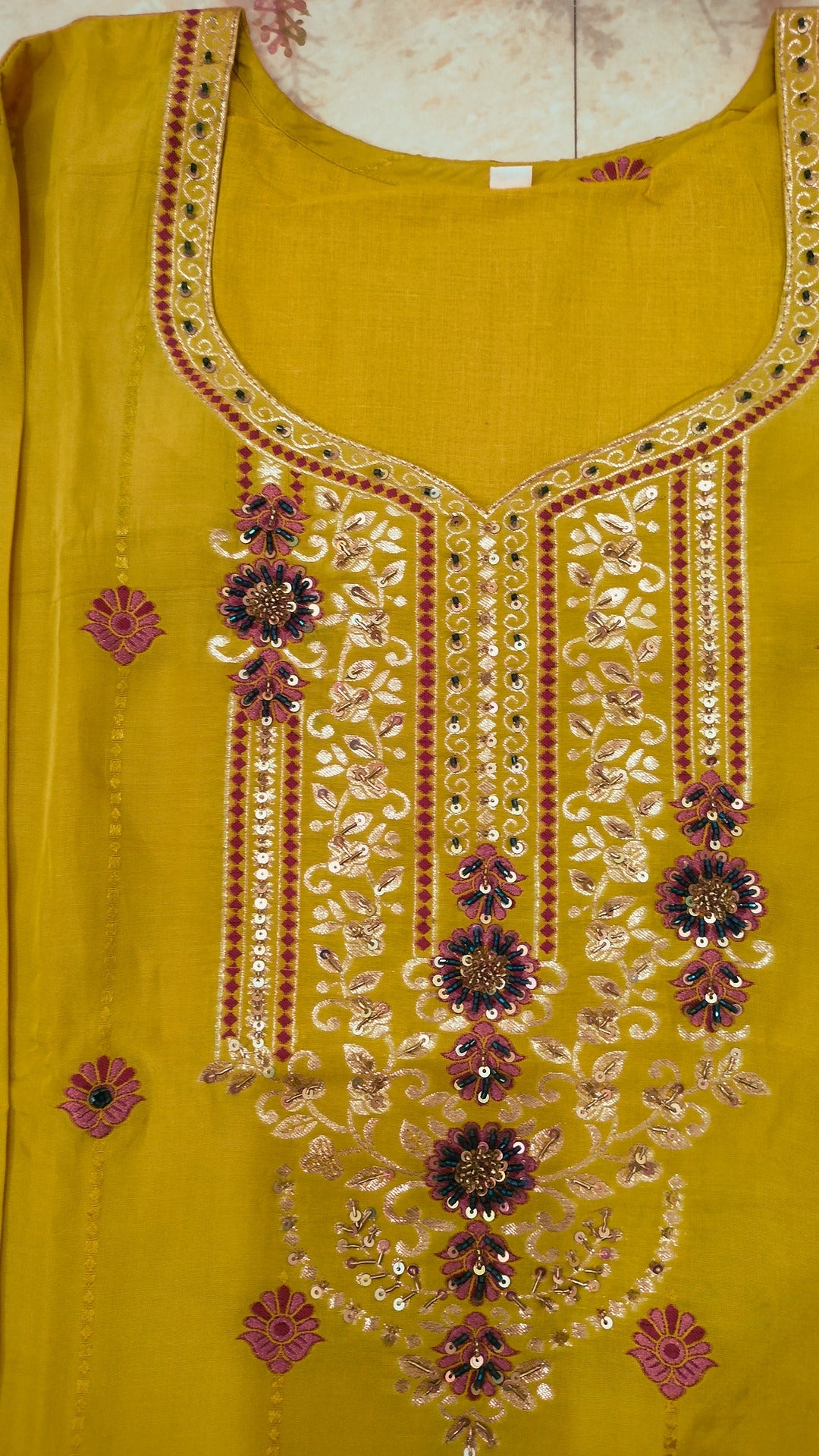 Mustard yellow jaquard crepe straight fit kurti set.