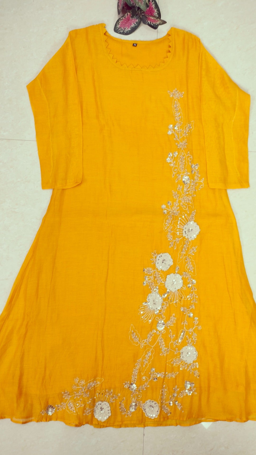 Premium mul chanderi Yellow colour A-line suit set